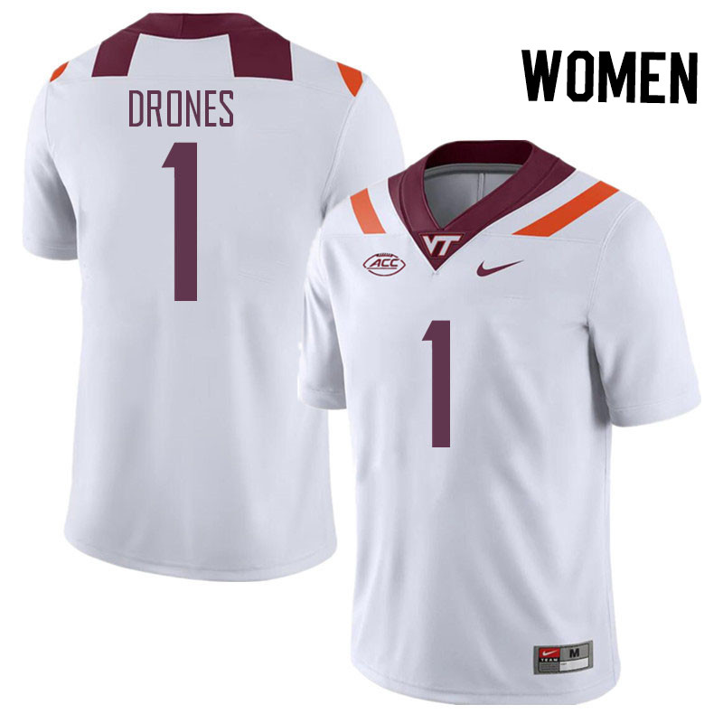 Women #1 Kyron Drones Virginia Tech Hokies College Football Jerseys Stitched Sale-White